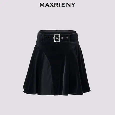 【奥莱】MAXRIENY复古半裙高腰丝绒短裙黑色a字压褶伞裙图片