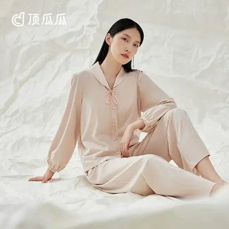 顶瓜瓜睡衣女春秋款纯棉玉肌棉法式静奢三件套家居服套装带胸垫图片