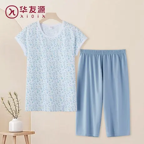 睡衣女夏季薄款纯棉短袖七分裤夏天中年妈妈圆领套头可外穿家居服图片