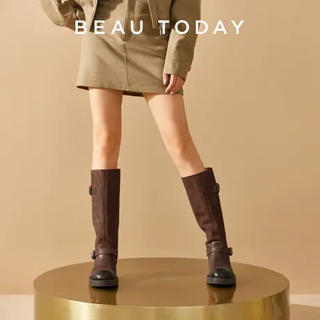 BeauToday棕色长筒靴女新款复古时装靴女BT高筒骑士靴女真皮靴子图片