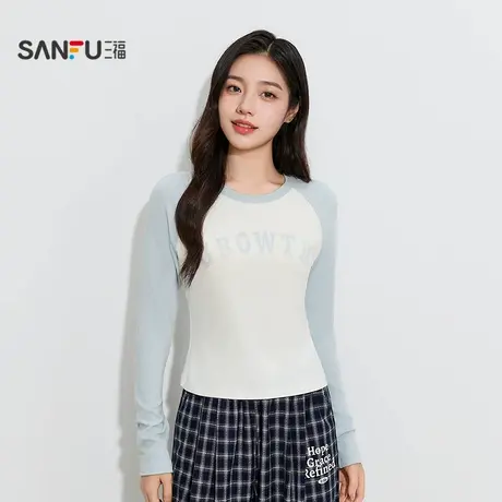 三福女秋季美高学院风插肩袖英文单衣 修身显瘦长袖上衣507222图片