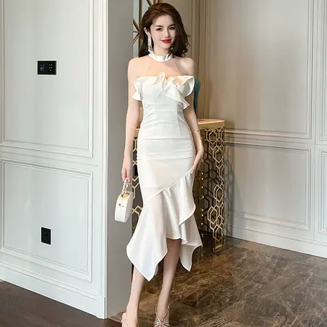 抹胸挂脖连衣裙不规则露背绝美高级感修身无袖一字肩鱼尾裙女新款图片