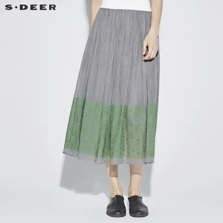 sdeer圣迪奥女装2019雾感灰植物绣花松紧束腰半身长裙夏S18281148图片