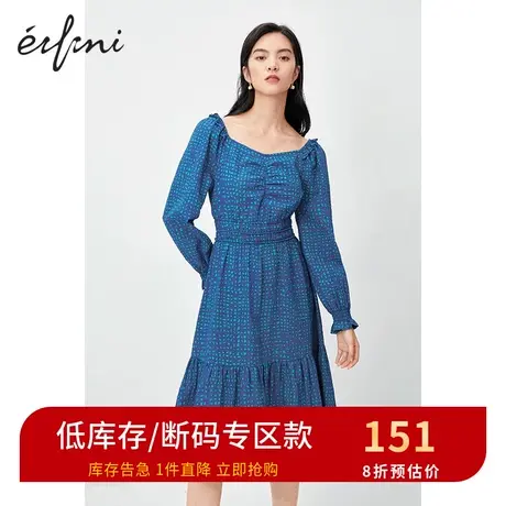 伊芙丽2020新款方领长袖收腰显瘦连衣裙中长款裙子女1B7995121图片