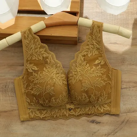 背心式文胸厚款内衣女小胸聚拢收副乳防下垂上托蕾丝胸罩无钢圈黑商品大图