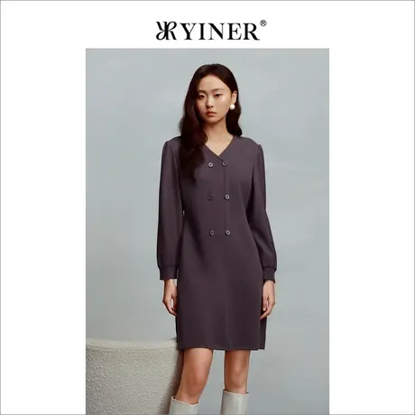 【裸感羊绒】YINER音儿冬季女装法式优雅绵羊毛V领连衣裙图片