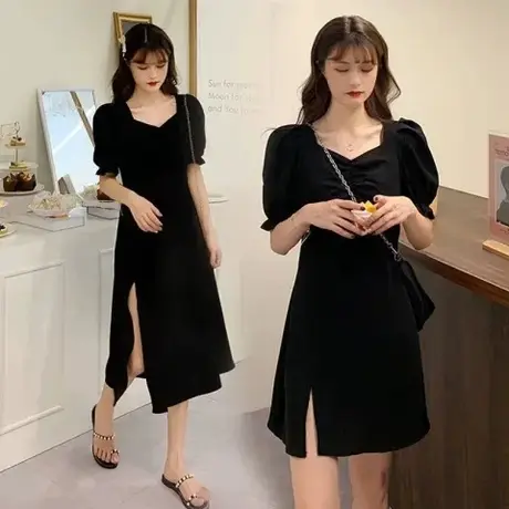 大码女装裙子黑色牛仔泡泡袖女胖mm夏季收腰a字裙遮肉显瘦连衣裙图片