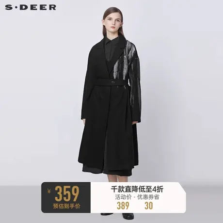 sdeer圣迪奥冬西装领撞色印花收腰长款毛呢大衣S21481822图片