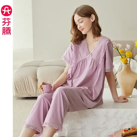 芬腾纯棉睡衣女夏季短袖九分裤韩版休闲简约全棉可外穿家居服套装图片