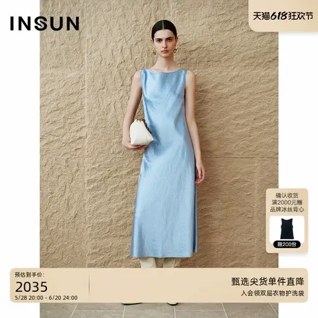 INSUN恩裳秋季一字领缎面三醋酸无袖连衣裙图片