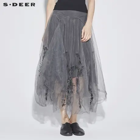 sdeer 圣迪奥 女装朦胧雾感手工刺绣层次纱质长裙S18281132图片