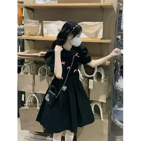 法式赫本风连衣裙女夏季新款娃娃领蝴蝶结设计感收腰a字黑色裙子图片