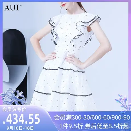 AUI白色法式名媛风雪纺连衣裙女夏2023新款气质荷叶边修身蛋糕裙图片