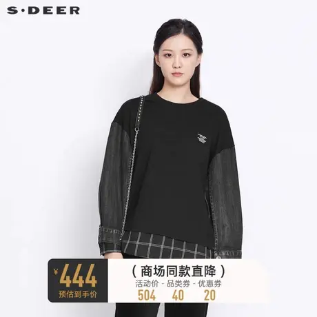 sdeer圣迪奥女装春秋装圆领字母格纹牛仔拼接长袖卫衣S21380225商品大图