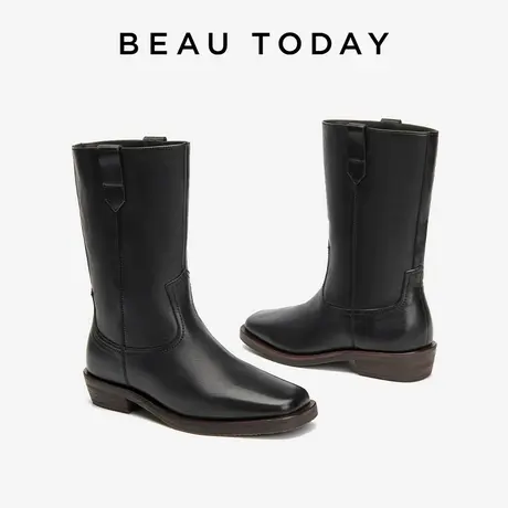 BeauToday中筒靴子女2023新款秋季BT复古真皮英伦风厚底烟管舒适图片