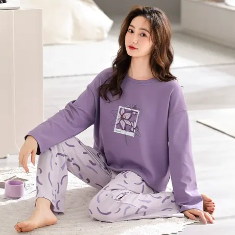 婷美睡衣女纯棉春秋季长袖长裤圆领套头休闲新款家居服套装秋冬款图片