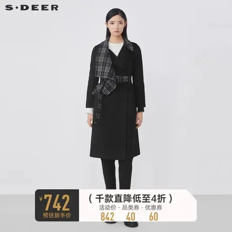 sdeer圣迪奥秋冬时尚翻领格纹拼接收腰毛呢大衣S21481846图片