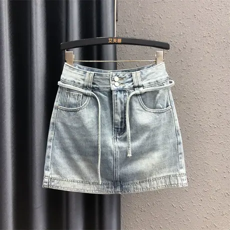韩版牛仔短裙女2025夏季新款浅蓝色简约百搭高腰a字包臀半身裙子图片