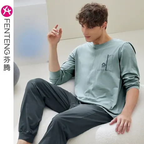 芬腾纯棉男士睡衣春秋长袖圆领套头休闲可外穿青年全棉家居服套装图片