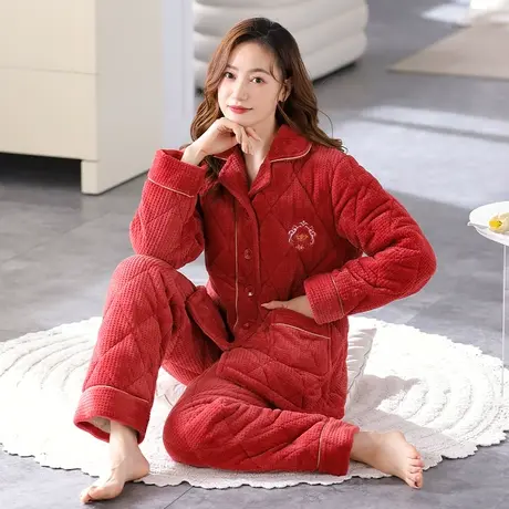 婷美夹棉袄睡衣女士冬季三层保暖加绒加厚珊瑚绒秋冬天家居服套装图片