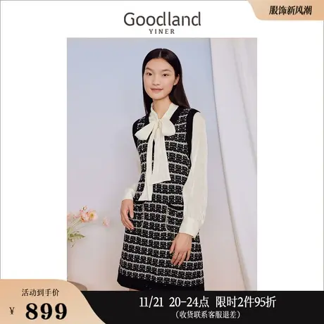 [假两件]Goodland美地女装2023秋季飘带领含羊毛H型连衣裙图片