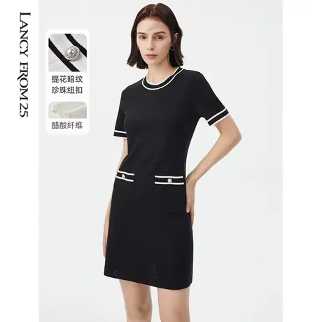 朗姿小香风黑色白色显瘦肌理感针织连衣裙子女夏新款奥莱图片
