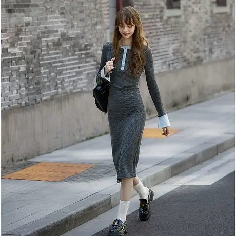 唐狮秋冬长袖连衣裙长款女法式名媛修身显曲线拼接女连衣裙子tuTA图片