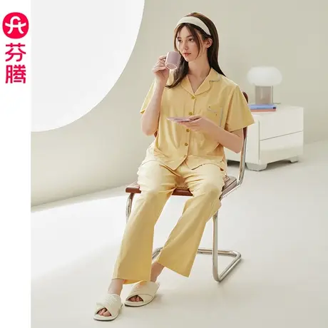 芬腾睡衣女夏季纯棉短袖长裤薄款翻领开衫韩版少女全棉家居服套装图片