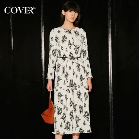 COVER秋季玫瑰印花压褶拼接蛋糕裙图片