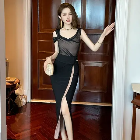 复古别致小心机吊带连衣裙女夏季性感开叉显身材包臀气质修身裙子图片