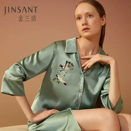 金三塔真丝衬衫式睡裙100%桑蚕丝可外穿睡衣家居服女图片