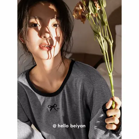 贝妍纯棉睡衣女款春秋撞色圆领长袖套装韩系氛围感早秋穿搭家居服图片