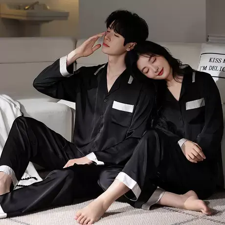 冰丝情侣睡衣女2025新款春秋款长袖薄款简约开衫仿真丝绸家居服图片
