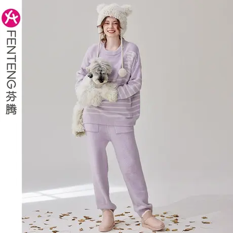 芬腾半边绒睡衣女秋冬季保暖加绒珊瑚绒圆领宽松可外穿家居服套装图片