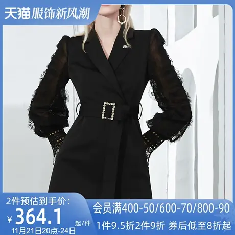 AUI赫本风黑色灯笼袖连衣裙2023女早春新款设计感小众法式西装裙图片