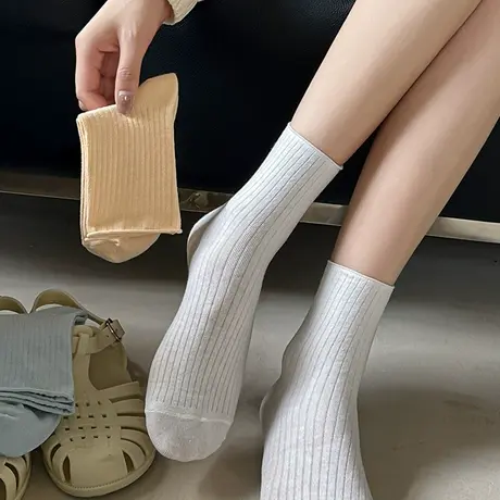 条纹袜子女春秋季薄款棉袜白色竖条中长筒堆堆袜白色长袜女土夏天图片