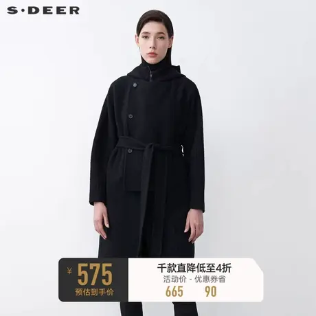 sdeer圣迪奥高领连帽收腰拼接长款黑色毛呢大衣S21481848图片