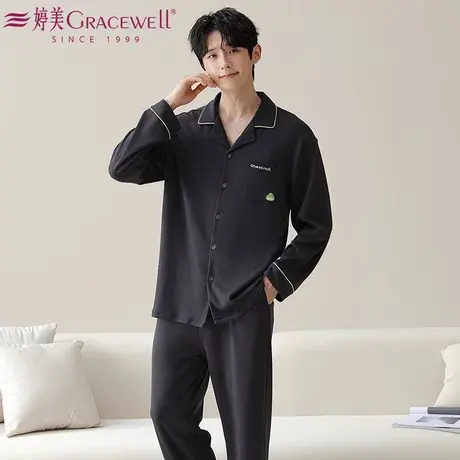 婷美睡衣男2025新款纯棉春秋季长袖长裤宽松透气可外穿家居服套装图片