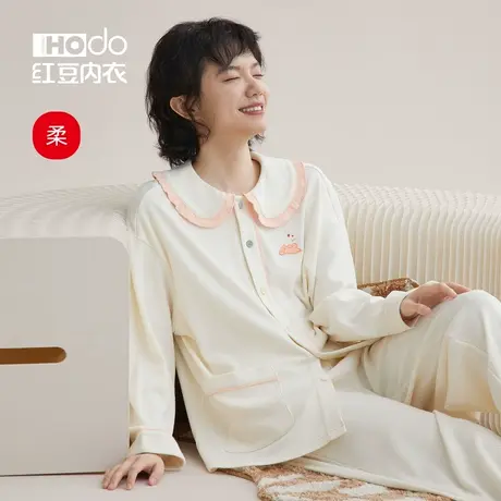 红豆睡衣女薄款秋冬居家休闲大码宽松娃娃领甜美可外穿家居服套装商品大图