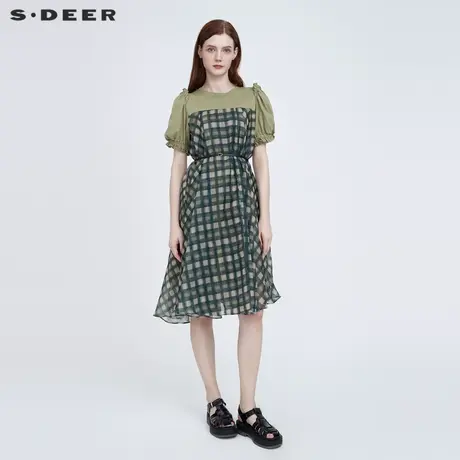 sdeer圣迪奥女装甜美圆领抽褶格纹收腰短袖连衣裙S22261252图片