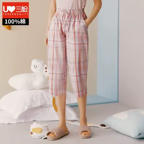三枪睡裤女纯棉格子七分裤薄款透气短裤居家服中裤系带女士家居裤商品大图
