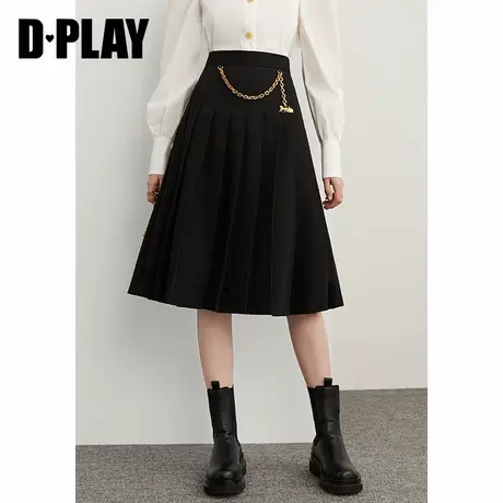 DPLAY春新通勤经典黑定制金属链条高腰百褶半身裙大摆伞裙图片