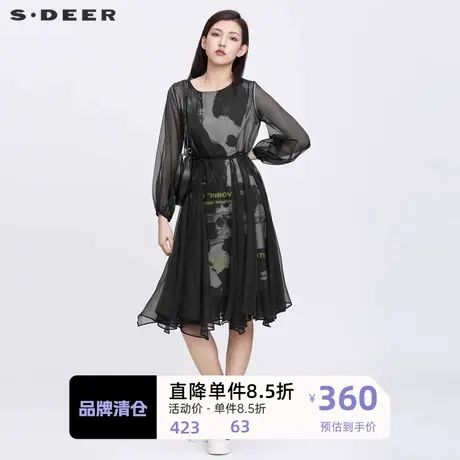 S·DEER圣迪奥女装时尚圆领收腰字母印花网纱连衣裙S22181208图片