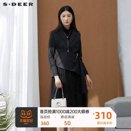 sdeer圣迪奥女装休闲网纱拼接外套连衣裙套装S223Z1447图片