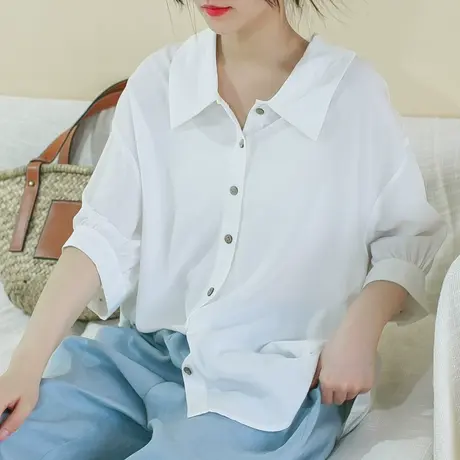 云子胖妹妹复古宽松天丝棉衬衫 加大码2023夏季新款五分袖衬衣图片