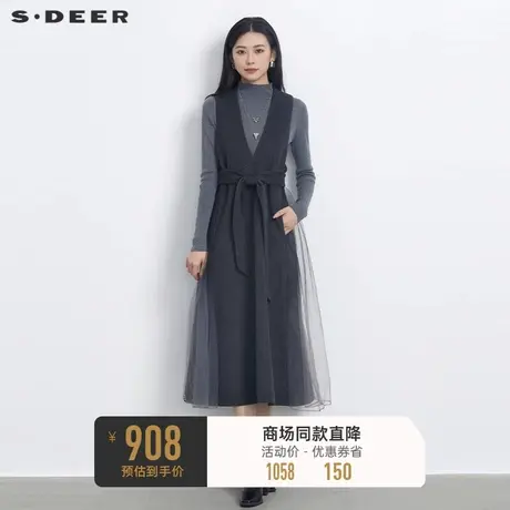 sdeer圣迪奥女装V领收腰网纱毛呢背带连衣裙S23481204图片