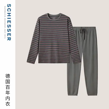 SCHIESSER舒雅25年早秋新品男士纯棉条纹圆领大码睡衣家居服套装图片