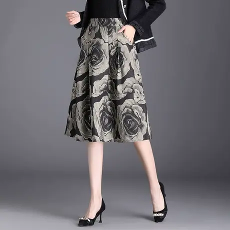缎面提花伞裙a字裙女长裙2023新款高腰印花半身裙中长通勤蓬蓬裙图片