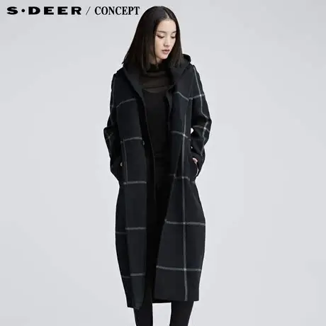 sdeer圣迪奥女装2017冬装两件式连帽翻领格纹毛呢大衣S16481883图片