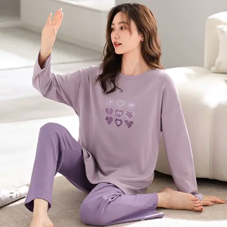 婷美新款睡衣女纯棉春秋季长袖圆领套头简约外出家居服套装秋冬款图片